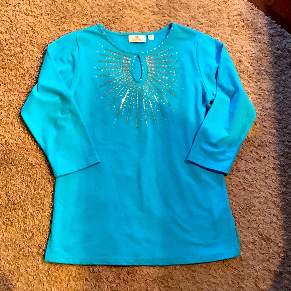 Quacker Factory Sequin Starburst Top-XS NWOT Casual 3/4 Sleeve Glam Bling